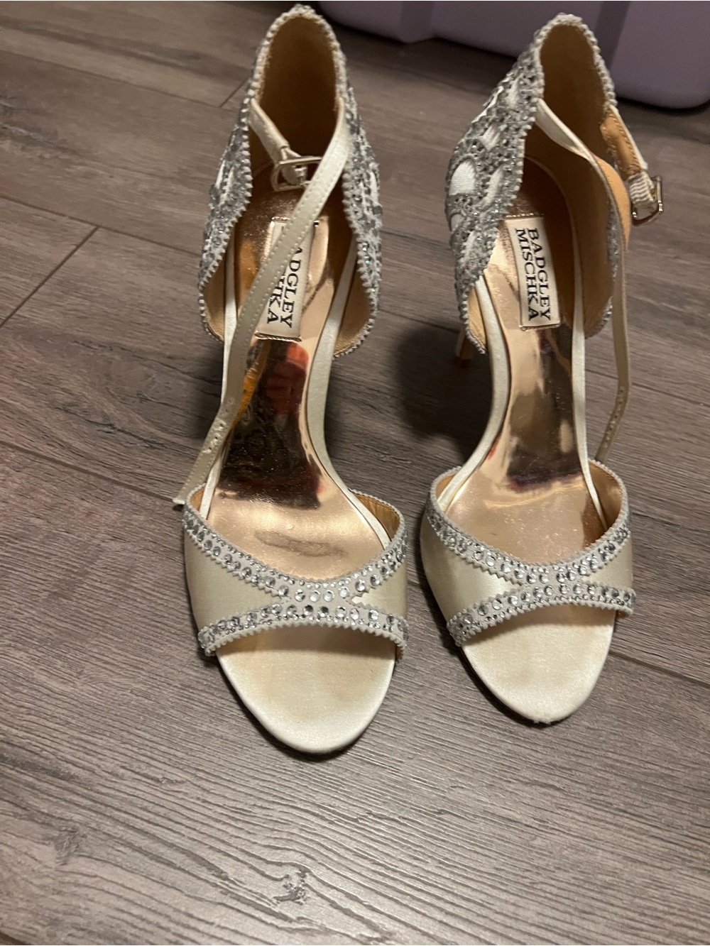 Badgley Mischka Ivory Satin Rhinestone T-Strap Heels